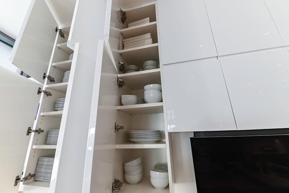 "The Arden" Modern White Gloss Kitchen with Island, Stone Countertops and 60" Wolf Range