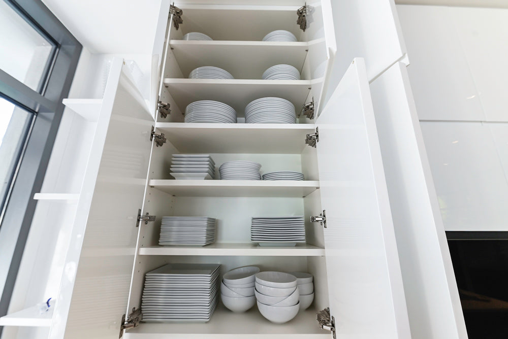 "The Arden" Modern White Gloss Kitchen with Island, Stone Countertops and 60" Wolf Range