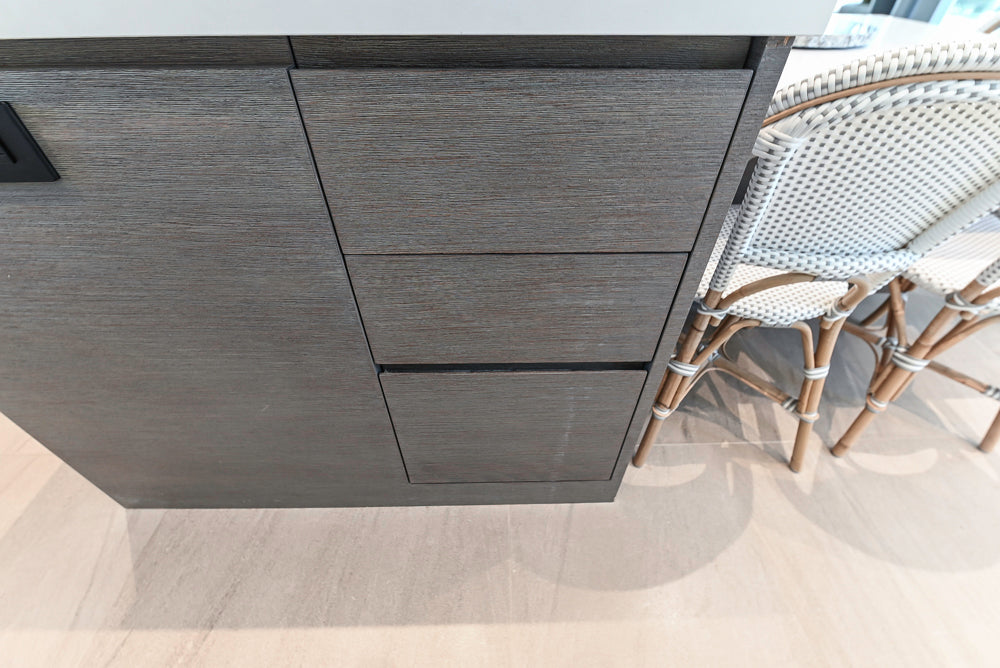 "The Arden" Modern White Gloss Kitchen with Island, Stone Countertops and 60" Wolf Range