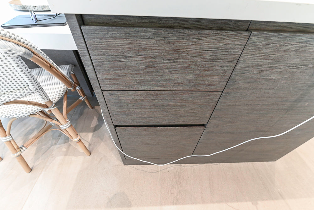 "The Arden" Modern White Gloss Kitchen with Island, Stone Countertops and 60" Wolf Range