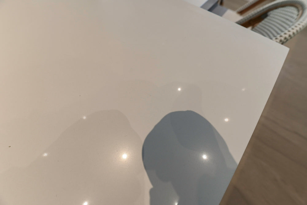 "The Arden" Modern White Gloss Kitchen with Island, Stone Countertops and 60" Wolf Range