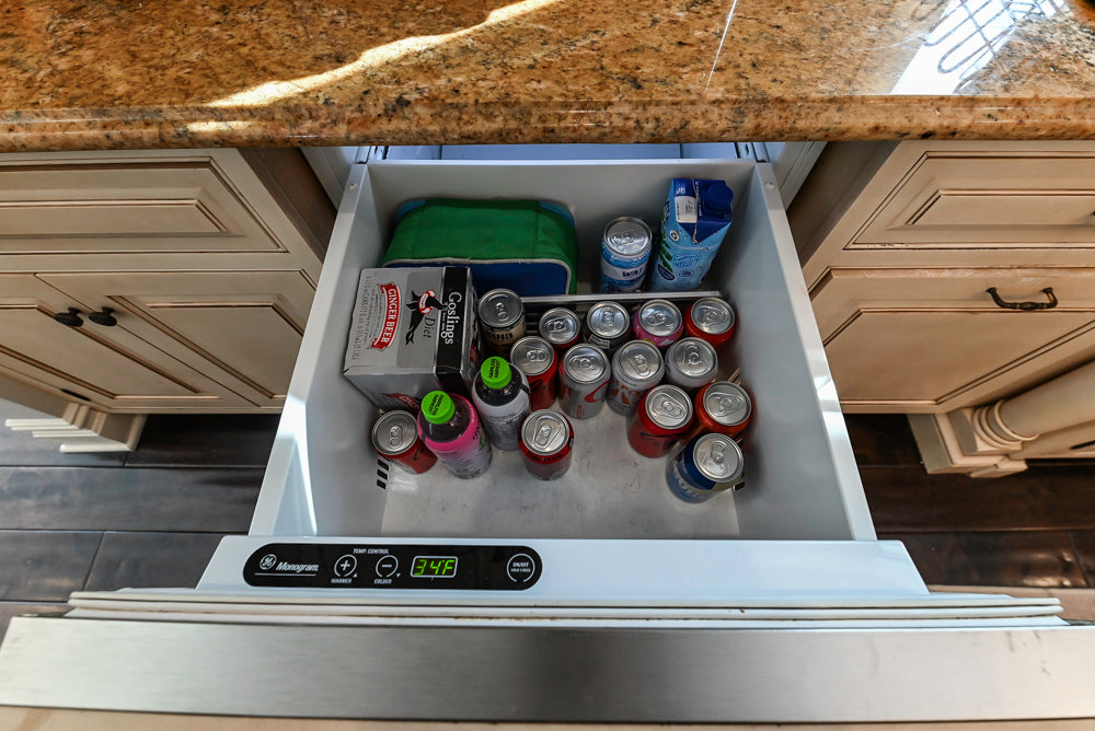 ÒThe HarcourtÓ Traditional Two-Tone Distressed Kitchen with Green Island, Granite Countertops and Appliances