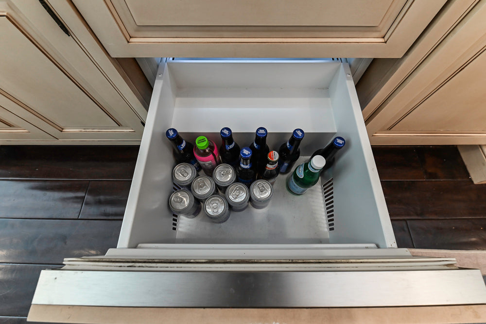 ÒThe HarcourtÓ Traditional Two-Tone Distressed Kitchen with Green Island, Granite Countertops and Appliances