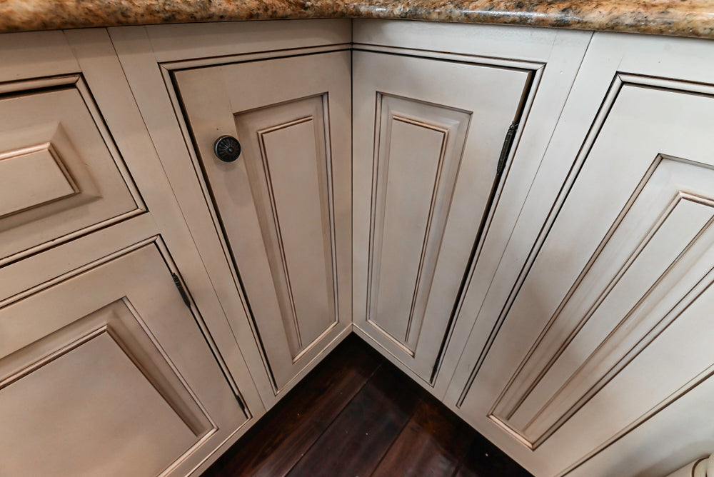 ÒThe HarcourtÓ Traditional Two-Tone Distressed Kitchen with Green Island, Granite Countertops and Appliances