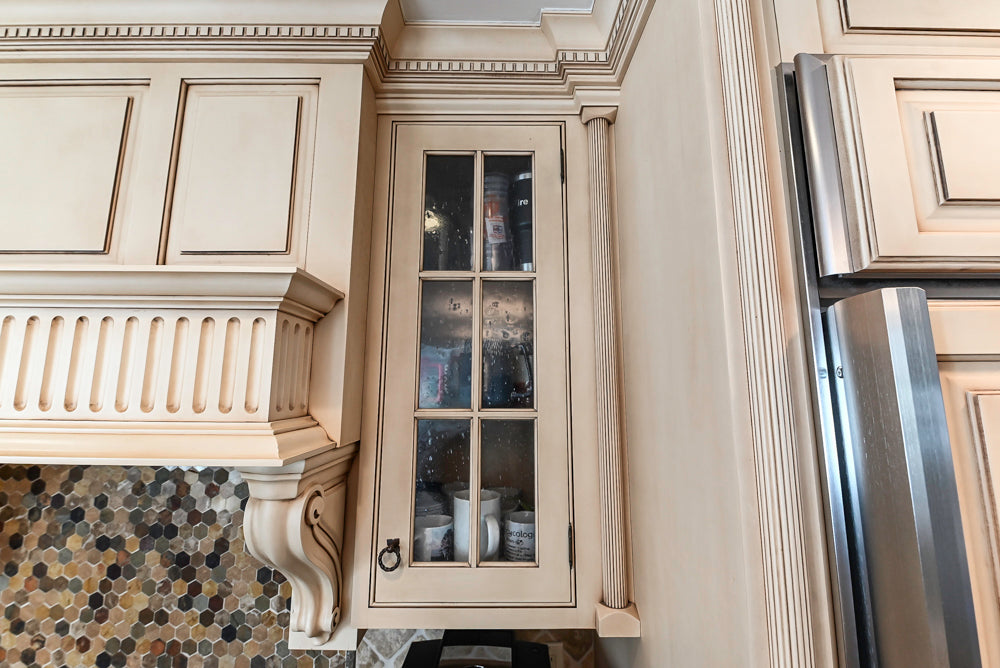 ÒThe HarcourtÓ Traditional Two-Tone Distressed Kitchen with Green Island, Granite Countertops and Appliances