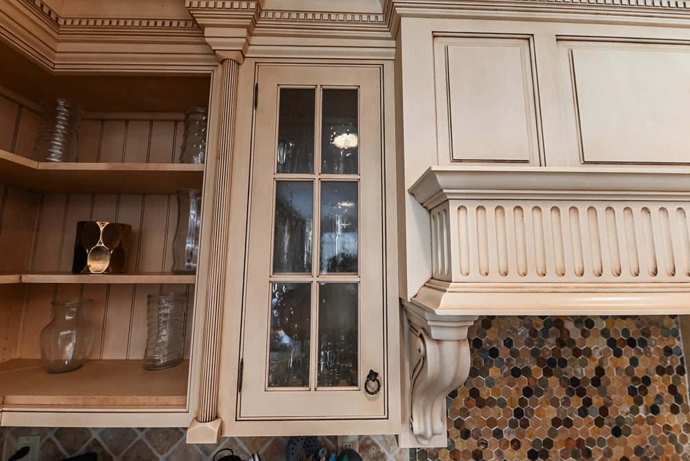 ÒThe HarcourtÓ Traditional Two-Tone Distressed Kitchen with Green Island, Granite Countertops and Appliances