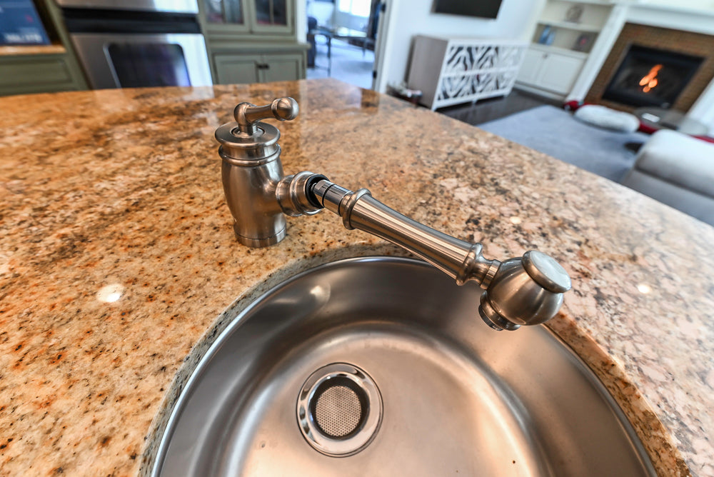 ÒThe HarcourtÓ Traditional Two-Tone Distressed Kitchen with Green Island, Granite Countertops and Appliances