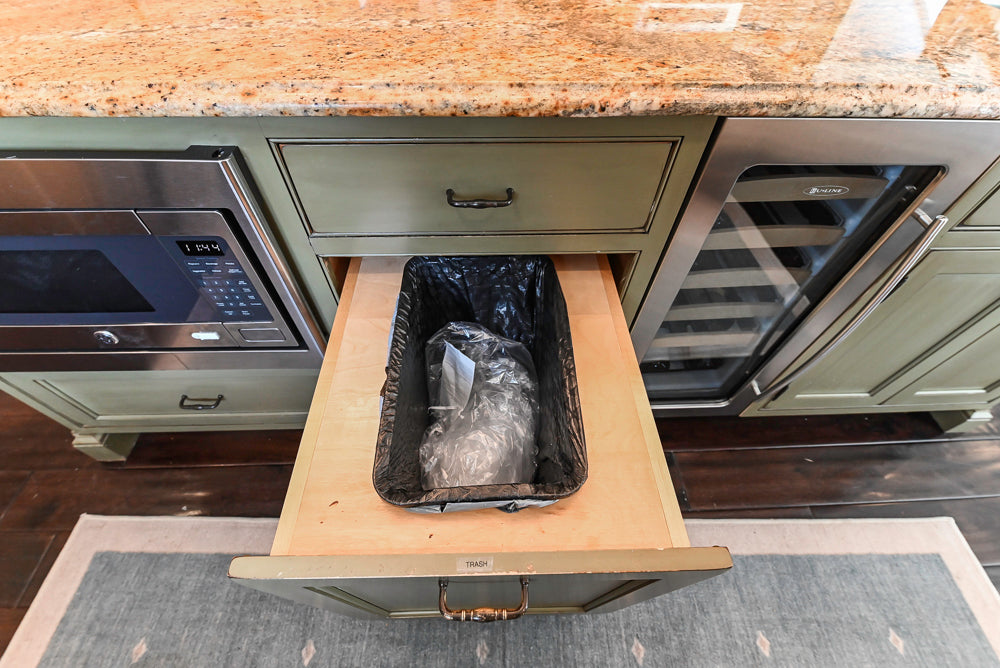 ÒThe HarcourtÓ Traditional Two-Tone Distressed Kitchen with Green Island, Granite Countertops and Appliances
