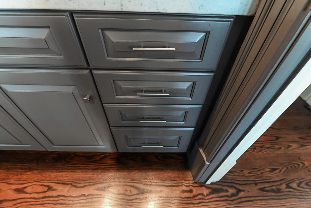 Custom Transitional Dark Grey Butler's Pantry with White Marble Countertops and Sink