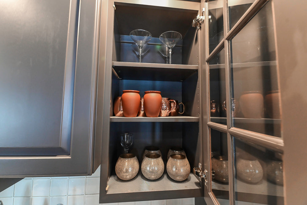 Custom Transitional Dark Grey Butler's Pantry with White Marble Countertops and Sink