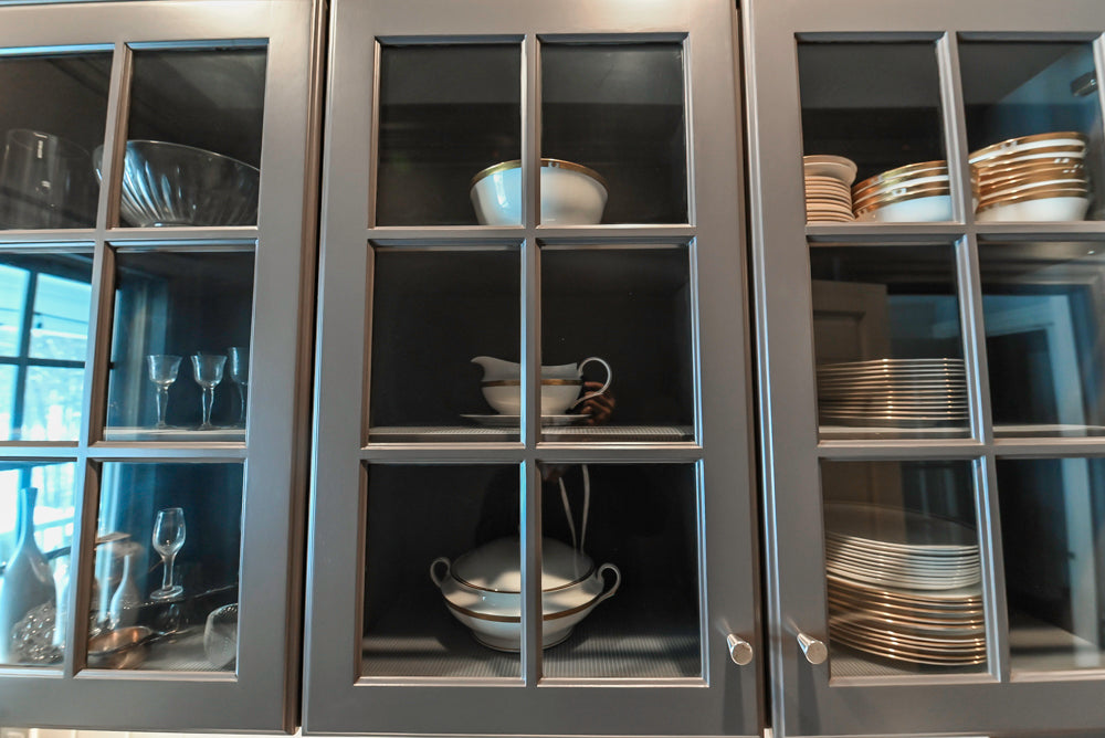 Custom Transitional Dark Grey Butler's Pantry with White Marble Countertops and Sink