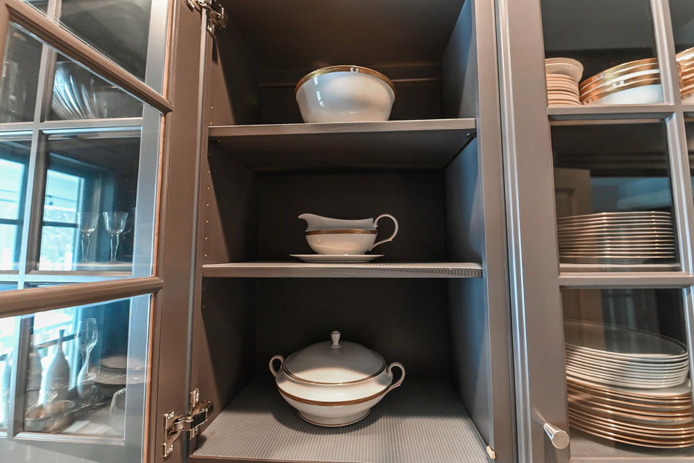 Custom Transitional Dark Grey Butler's Pantry with White Marble Countertops and Sink