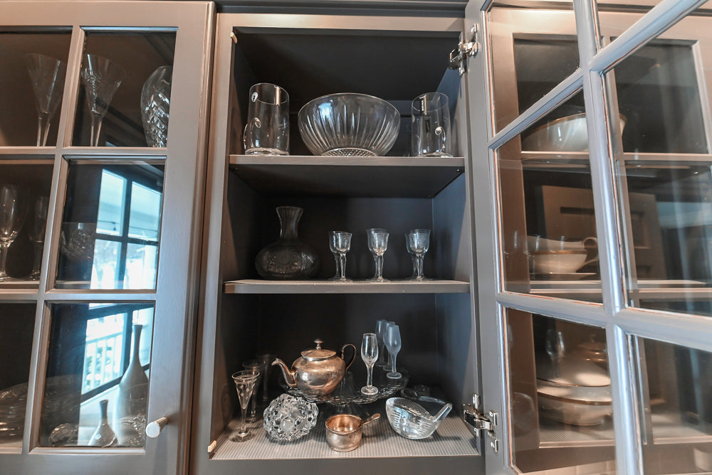 Custom Transitional Dark Grey Butler's Pantry with White Marble Countertops and Sink
