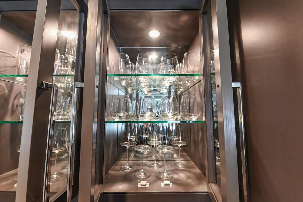 Custom Transitional Dark Grey Dry Bar with Dark Granite Countertops and Sub-Zero Wine Cooler