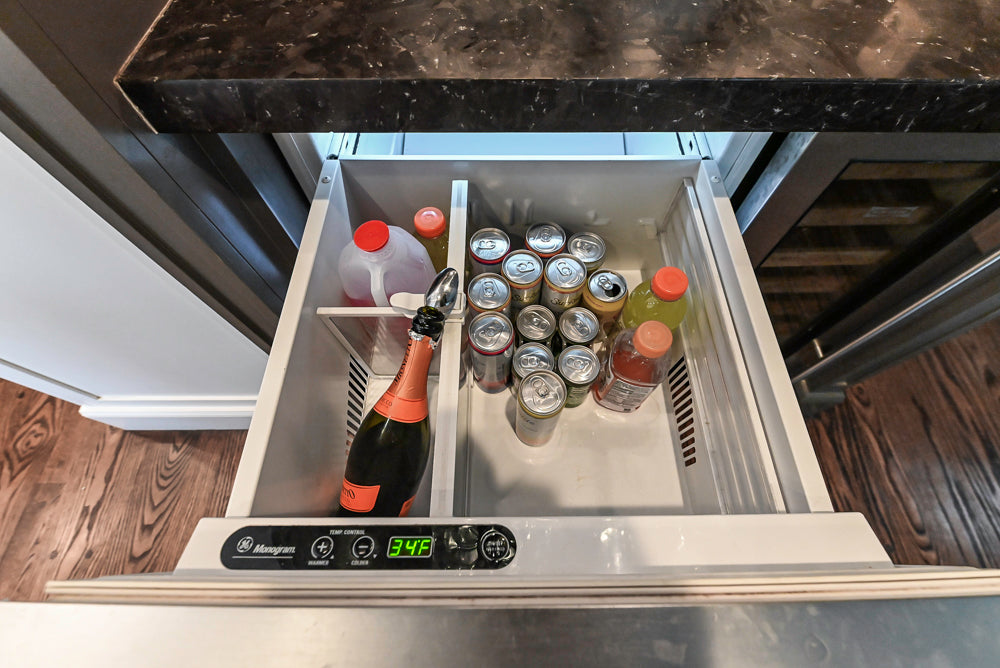 Custom Transitional Dark Grey Dry Bar with Dark Granite Countertops and Sub-Zero Wine Cooler