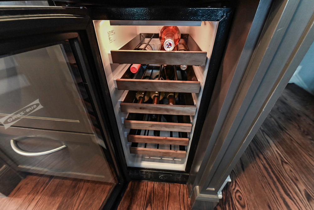 Custom Transitional Dark Grey Dry Bar with Dark Granite Countertops and Sub-Zero Wine Cooler