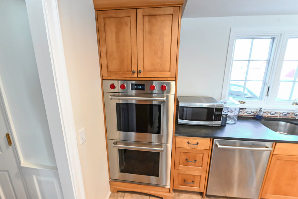 "The Whitford" Transitional Wooden Kitchen with Granite Countertops & Island