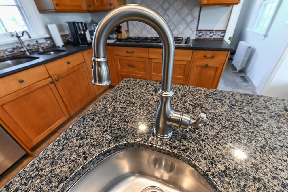 "The Whitford" Transitional Wooden Kitchen with Granite Countertops & Island