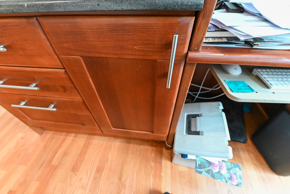 Transitional Wooden Desk Area with Storage Cabinet and Bench Area