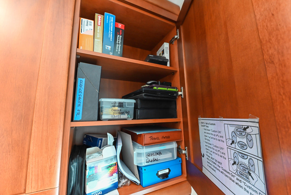 Transitional Wooden Desk Area with Storage Cabinet and Bench Area