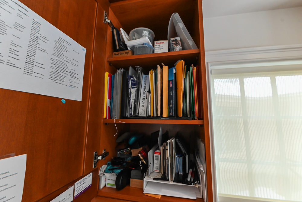 Transitional Wooden Desk Area with Storage Cabinet and Bench Area