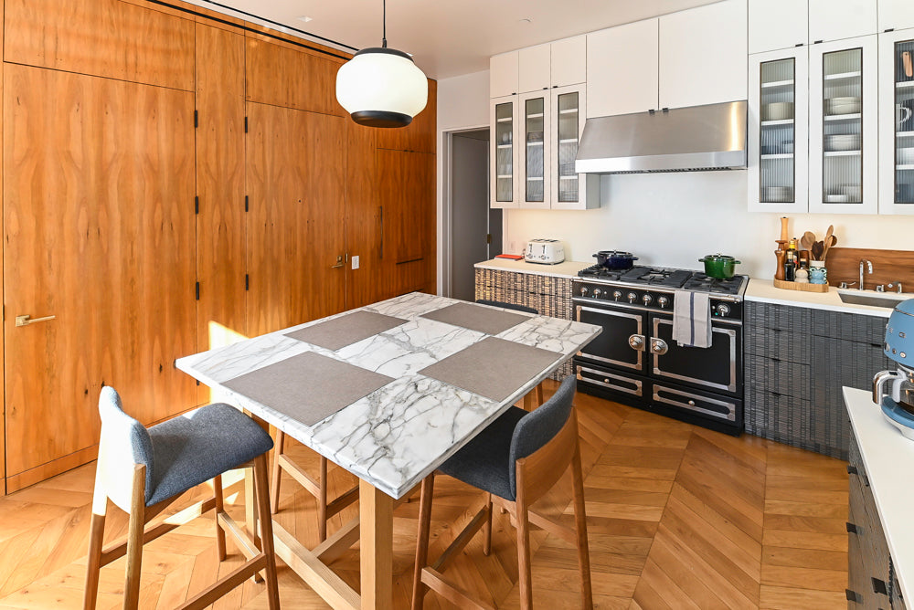 "The Maison Moderne" Kitchen with La Cornue CornuFé 110 Range and Marble Top Table