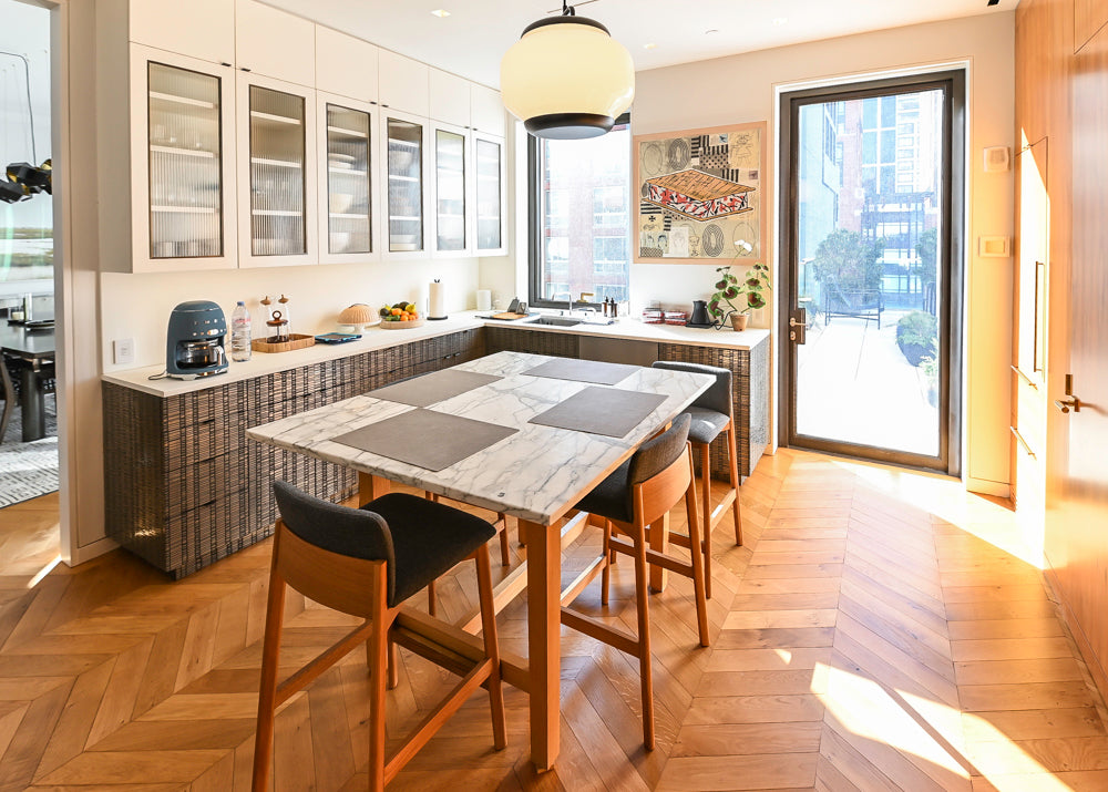"The Maison Moderne" Kitchen with La Cornue CornuFé 110 Range and Marble Top Table