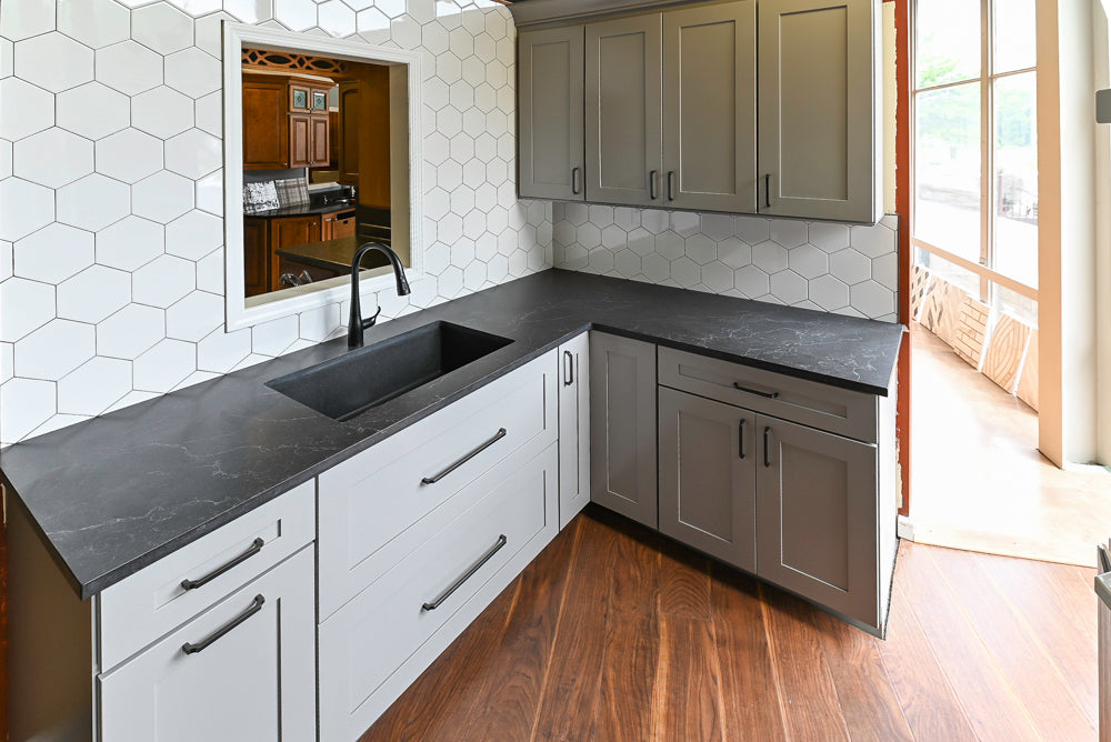 Merillat Transitional White Butler's Pantry with Black Soapstone Countertops and Sink & Faucet