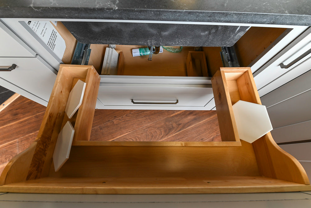 Merillat Transitional White Butler's Pantry with Black Soapstone Countertops and Sink & Faucet