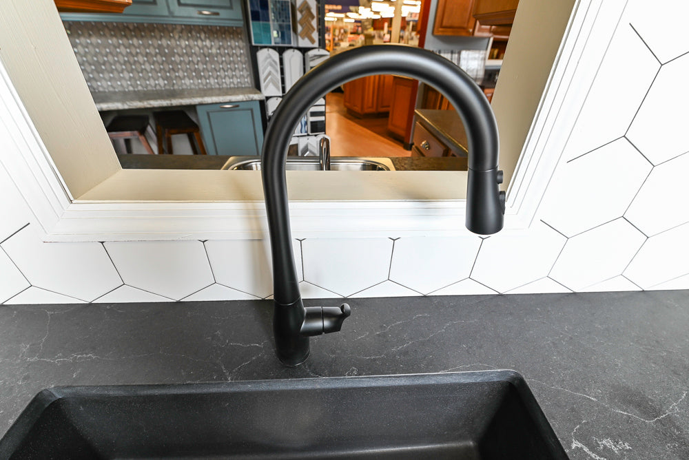 Merillat Transitional White Butler's Pantry with Black Soapstone Countertops and Sink & Faucet