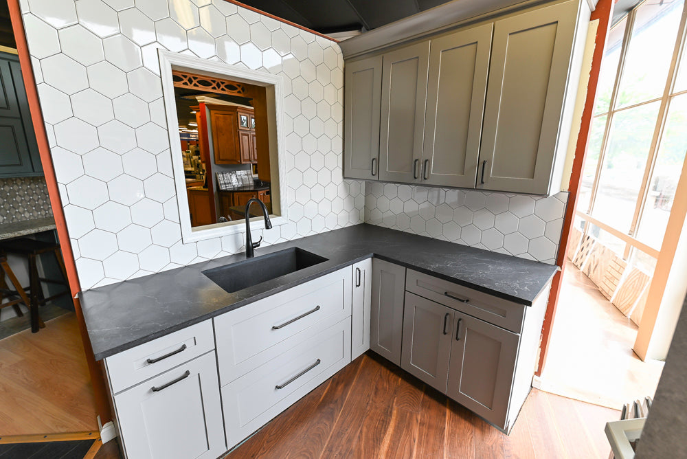 Merillat Transitional White Butler's Pantry with Black Soapstone Countertops and Sink & Faucet