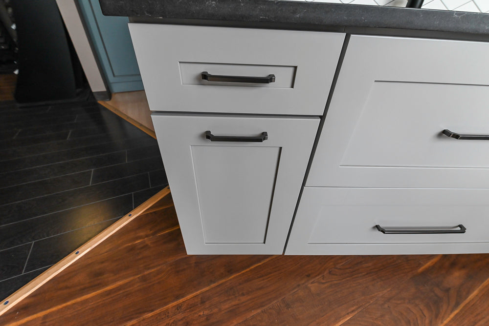 Merillat Transitional White Butler's Pantry with Black Soapstone Countertops and Sink & Faucet