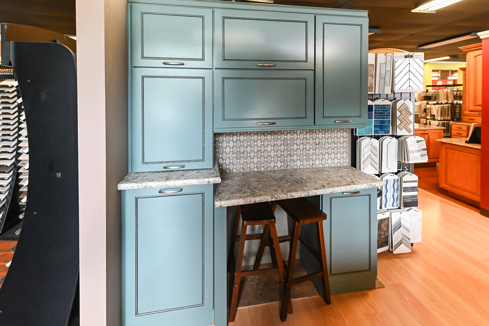 Custom Transitional Wooden Teal Side Pantry & Coffee Station