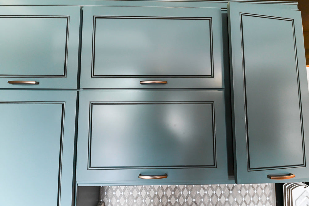 Custom Transitional Wooden Teal Side Pantry & Coffee Station