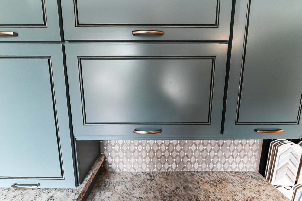 Custom Transitional Wooden Teal Side Pantry & Coffee Station