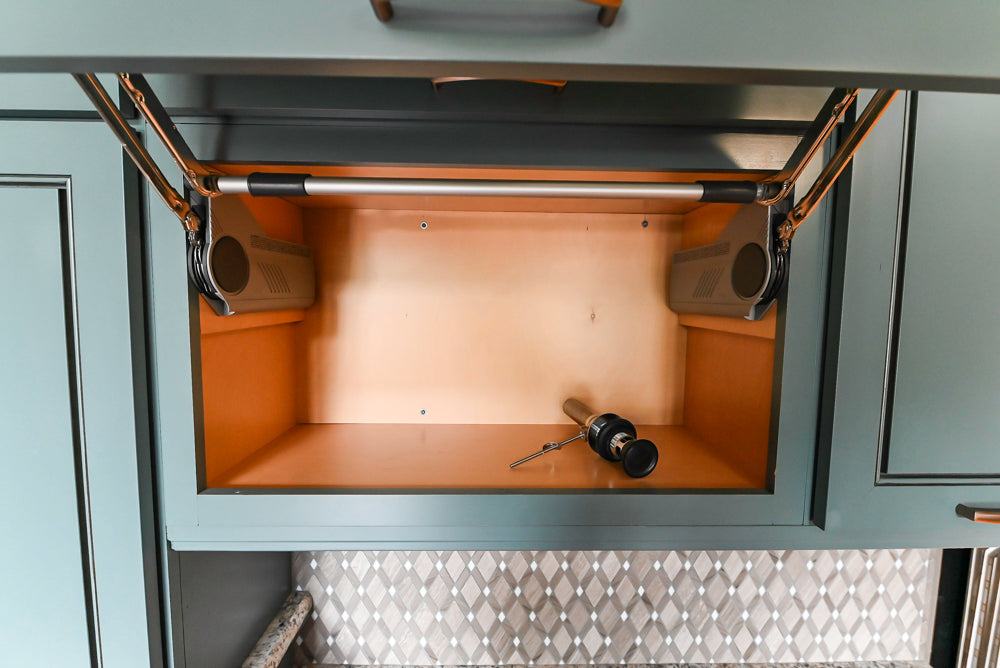 Custom Transitional Wooden Teal Side Pantry & Coffee Station