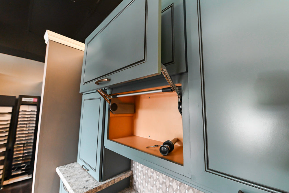 Custom Transitional Wooden Teal Side Pantry & Coffee Station