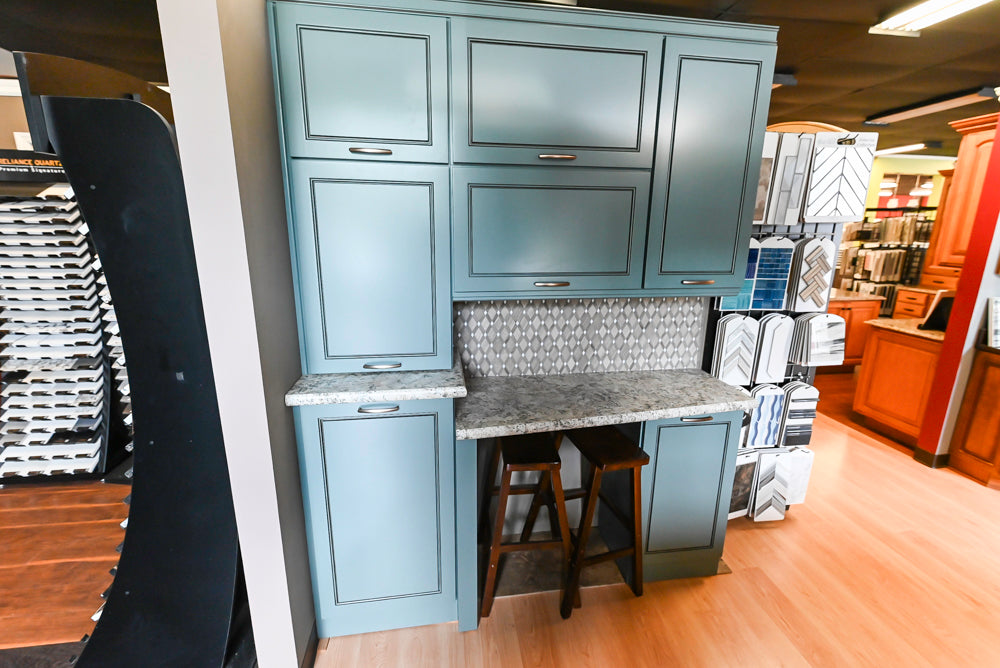 Custom Transitional Wooden Teal Side Pantry & Coffee Station