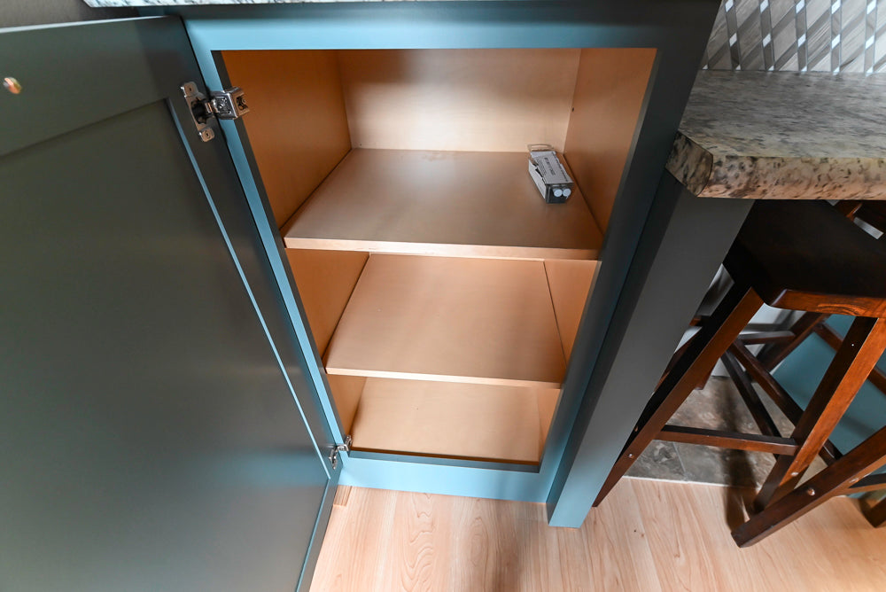 Custom Transitional Wooden Teal Side Pantry & Coffee Station