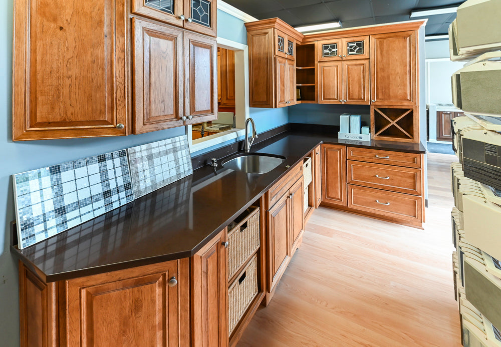 Merillat Masterpiece Bentley Hickory Wood Partial Kitchen Corner Sink and Faucet