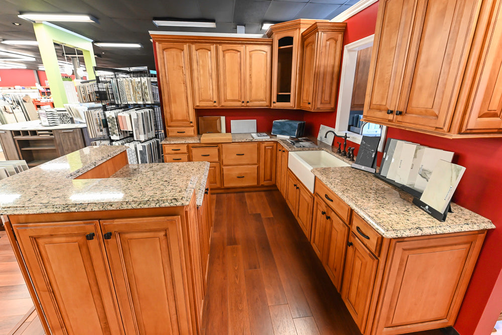 Decora Traditional Wooden Partial Kitchen with Island, Granite Countertops and Kohler Cast Iron Farmhouse Sink