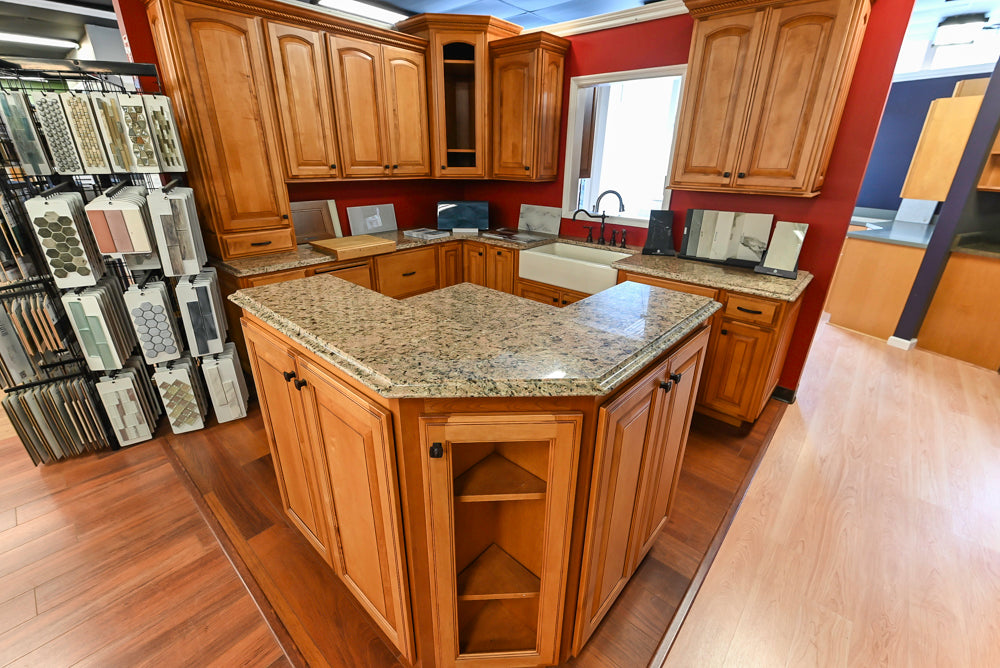 Decora Traditional Wooden Partial Kitchen with Island, Granite Countertops and Kohler Cast Iron Farmhouse Sink