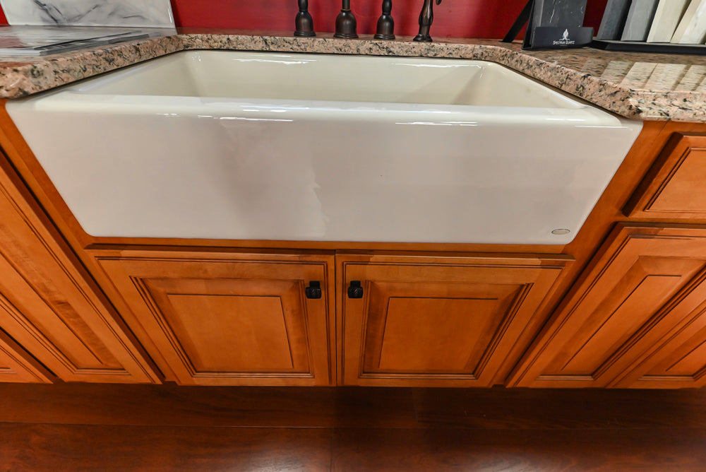 Decora Traditional Wooden Partial Kitchen with Island, Granite Countertops and Kohler Cast Iron Farmhouse Sink