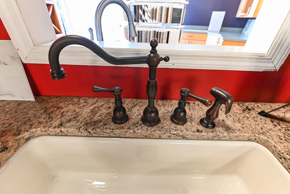 Decora Traditional Wooden Partial Kitchen with Island, Granite Countertops and Kohler Cast Iron Farmhouse Sink