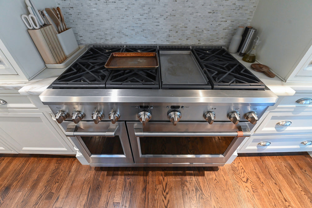 Plain & Fancy Traditional White Kitchen with Island, Marble Countertops & Appliances