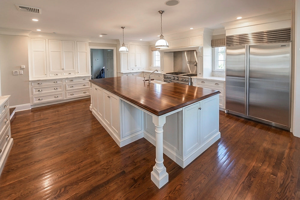 Plain & Fancy Traditional White Kitchen with Island, Marble Countertops & Appliances