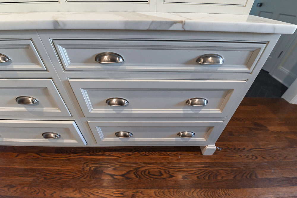 Plain & Fancy Traditional White Kitchen with Island, Marble Countertops & Appliances