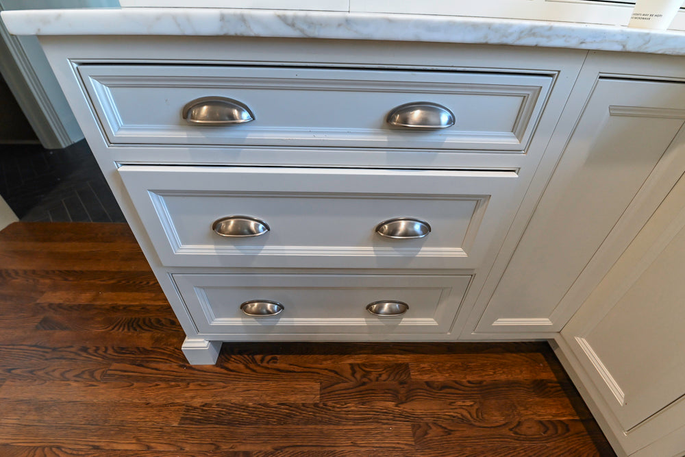 Plain & Fancy Traditional White Kitchen with Island, Marble Countertops & Appliances