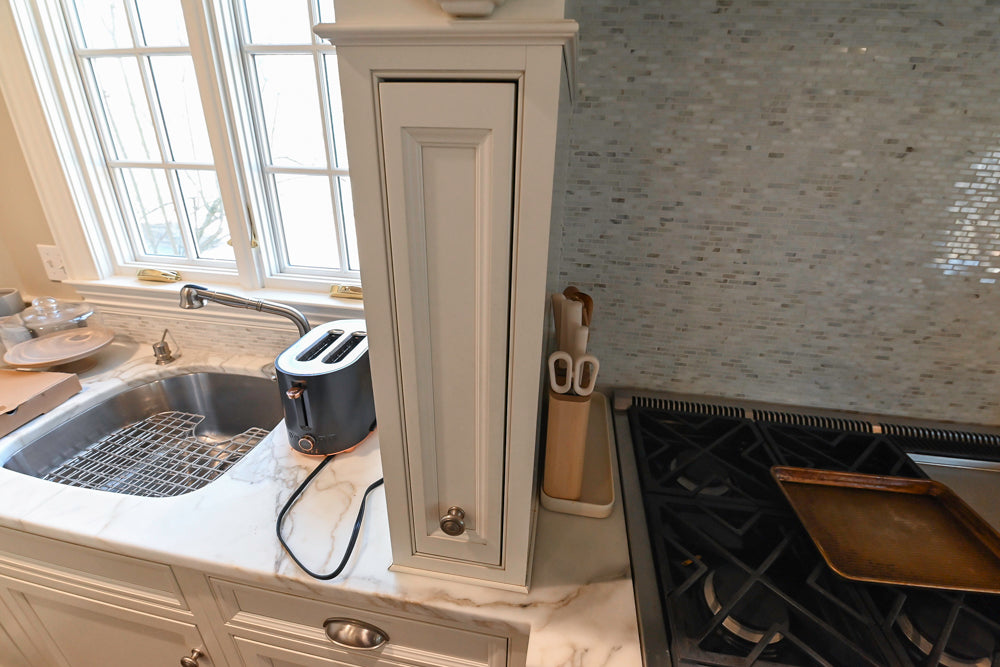 Plain & Fancy Traditional White Kitchen with Island, Marble Countertops & Appliances