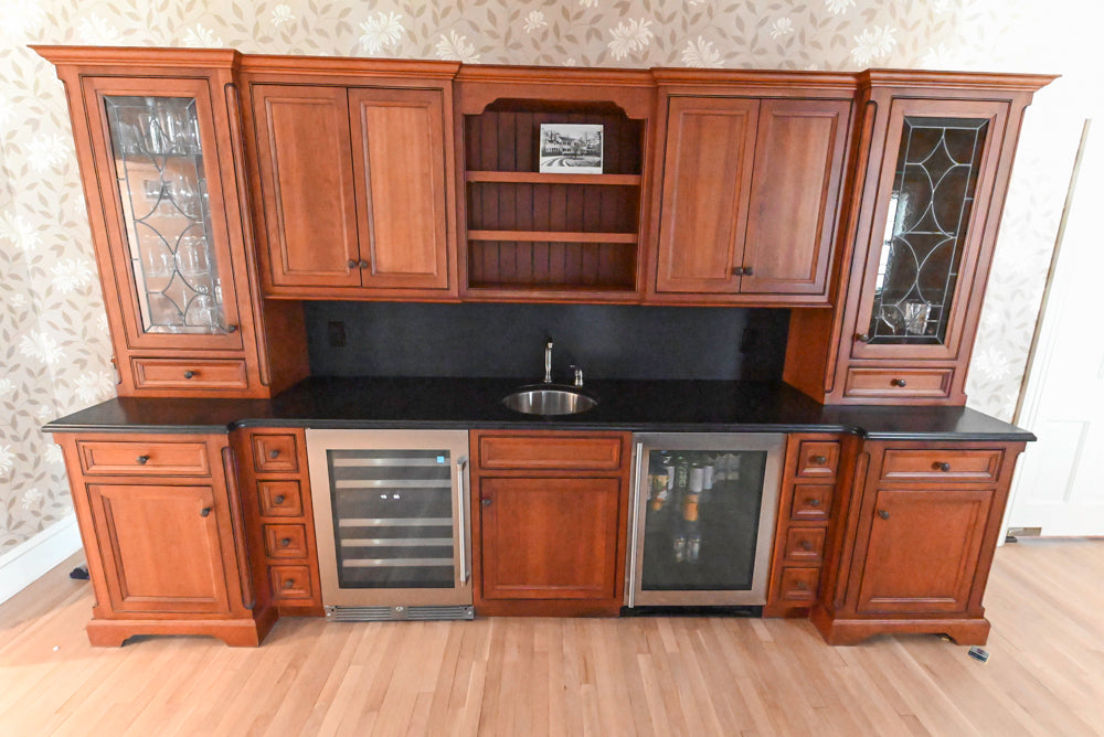Plain & Fancy traditional wooden wet bar with integrated wine cooler and sink